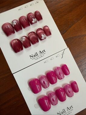 Bundle of two Press-On Nail Sets — Wine Red & Hot Pink Floral Cat Eye Large